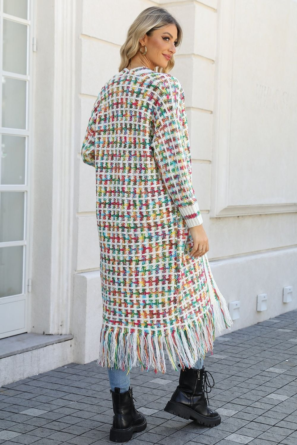 Full Size Multicolored Open Front Fringe Hem Cardigan (Multiple Color Options)