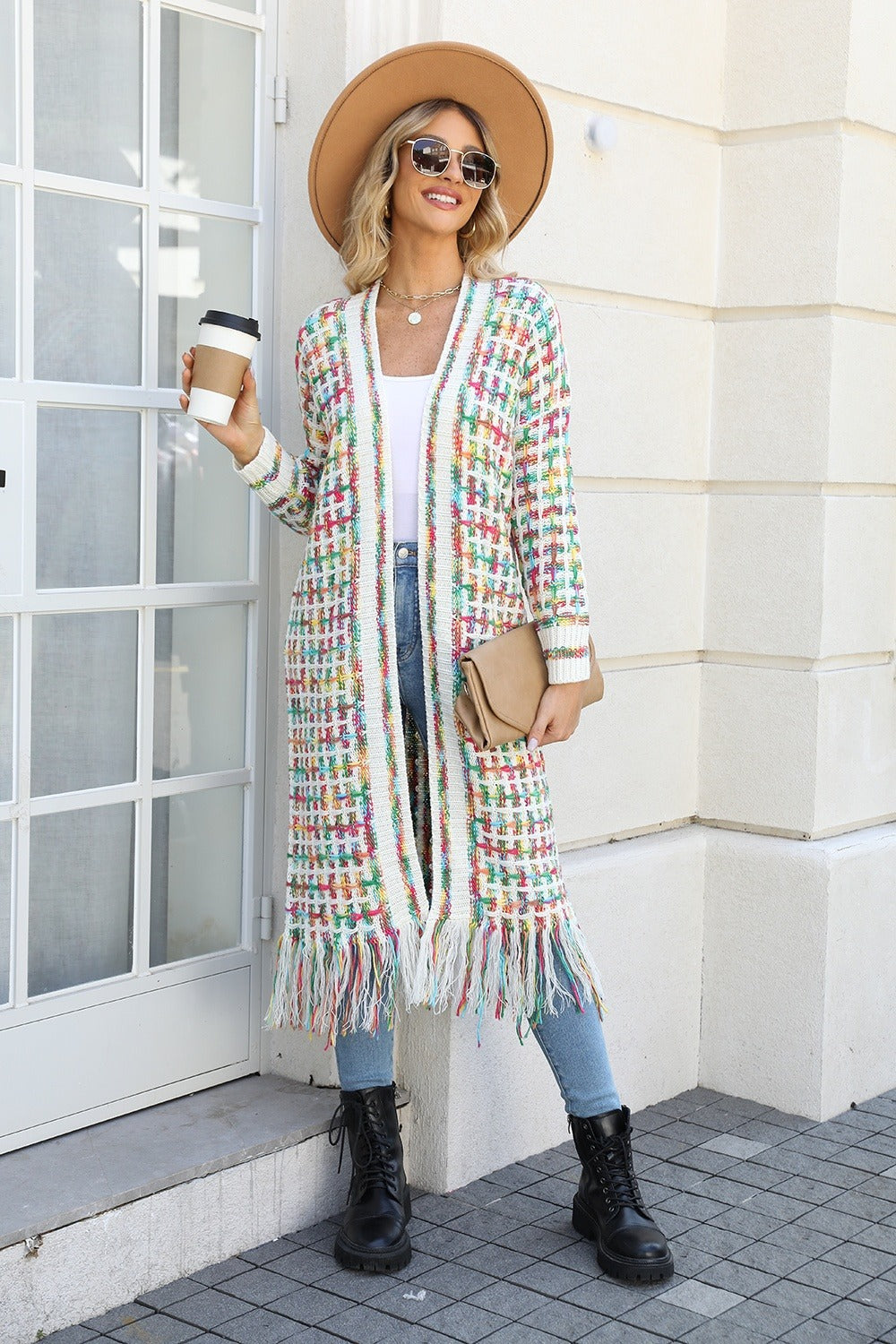 Full Size Multicolored Open Front Fringe Hem Cardigan (Multiple Color Options)