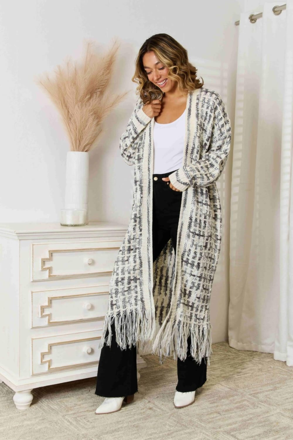 Full Size Multicolored Open Front Fringe Hem Cardigan (Multiple Color Options)