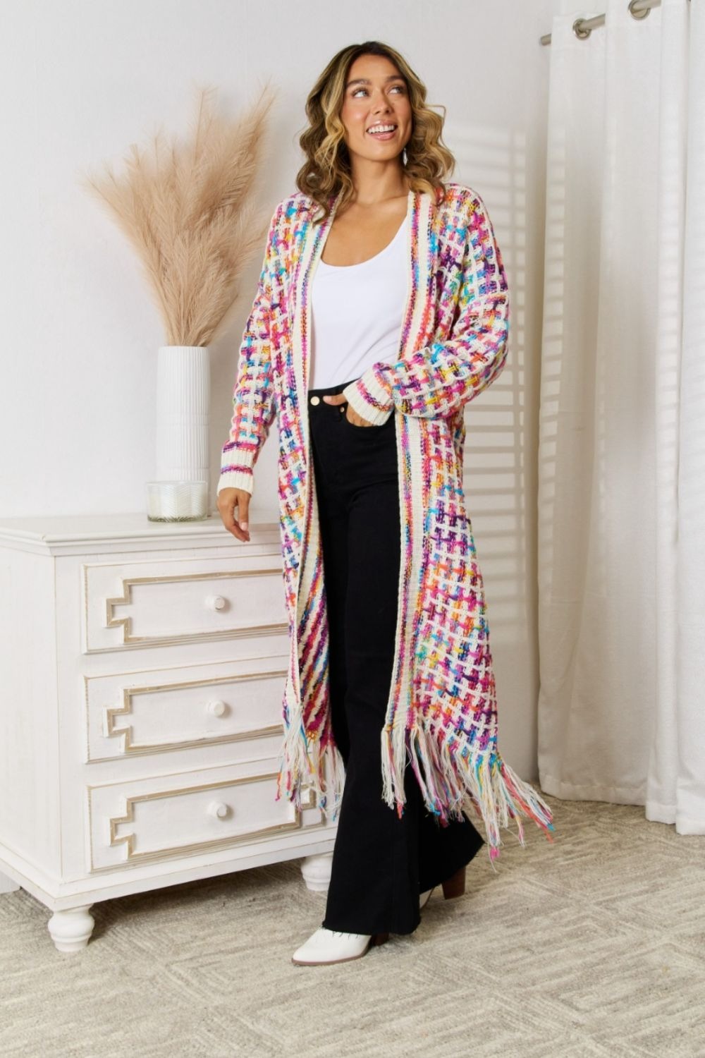 Full Size Multicolored Open Front Fringe Hem Cardigan (Multiple Color Options)