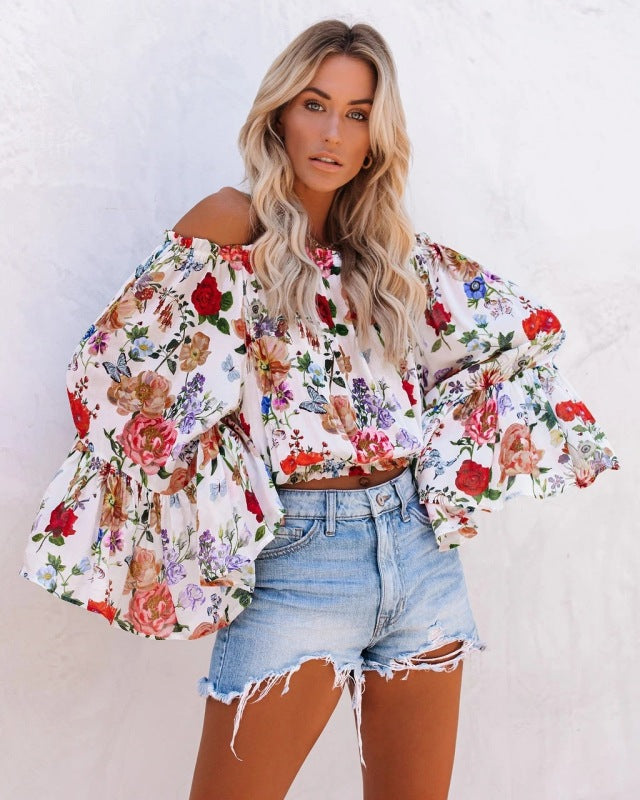 Off-the-shoulder bell sleeve floral crop top
