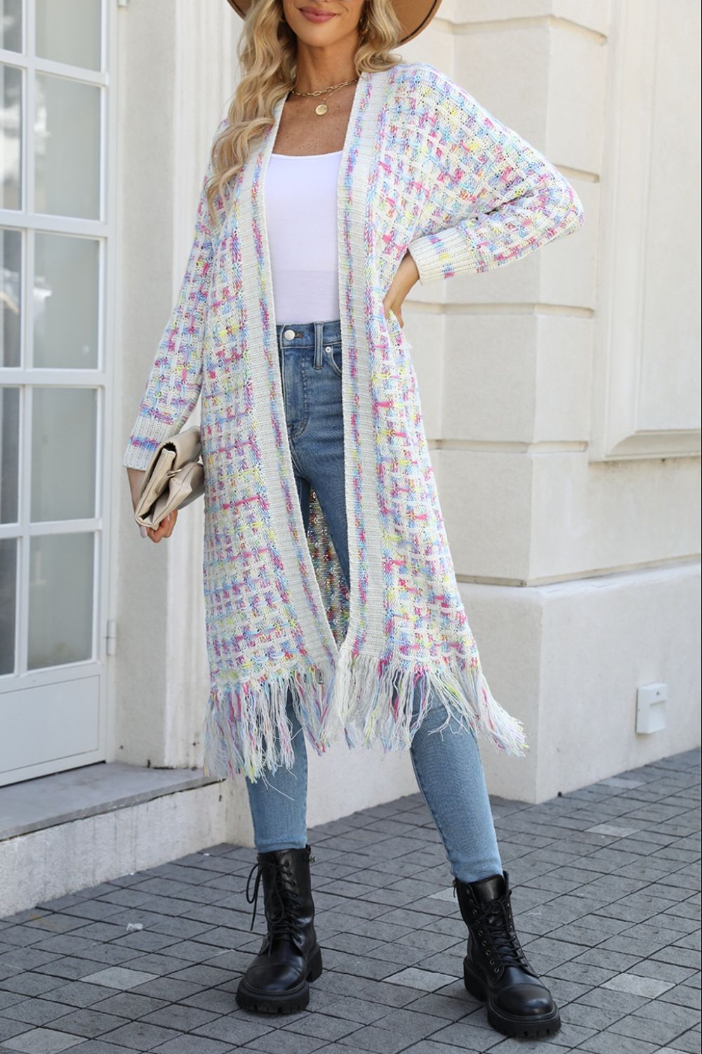 Full Size Multicolored Open Front Fringe Hem Cardigan (Multiple Color Options)