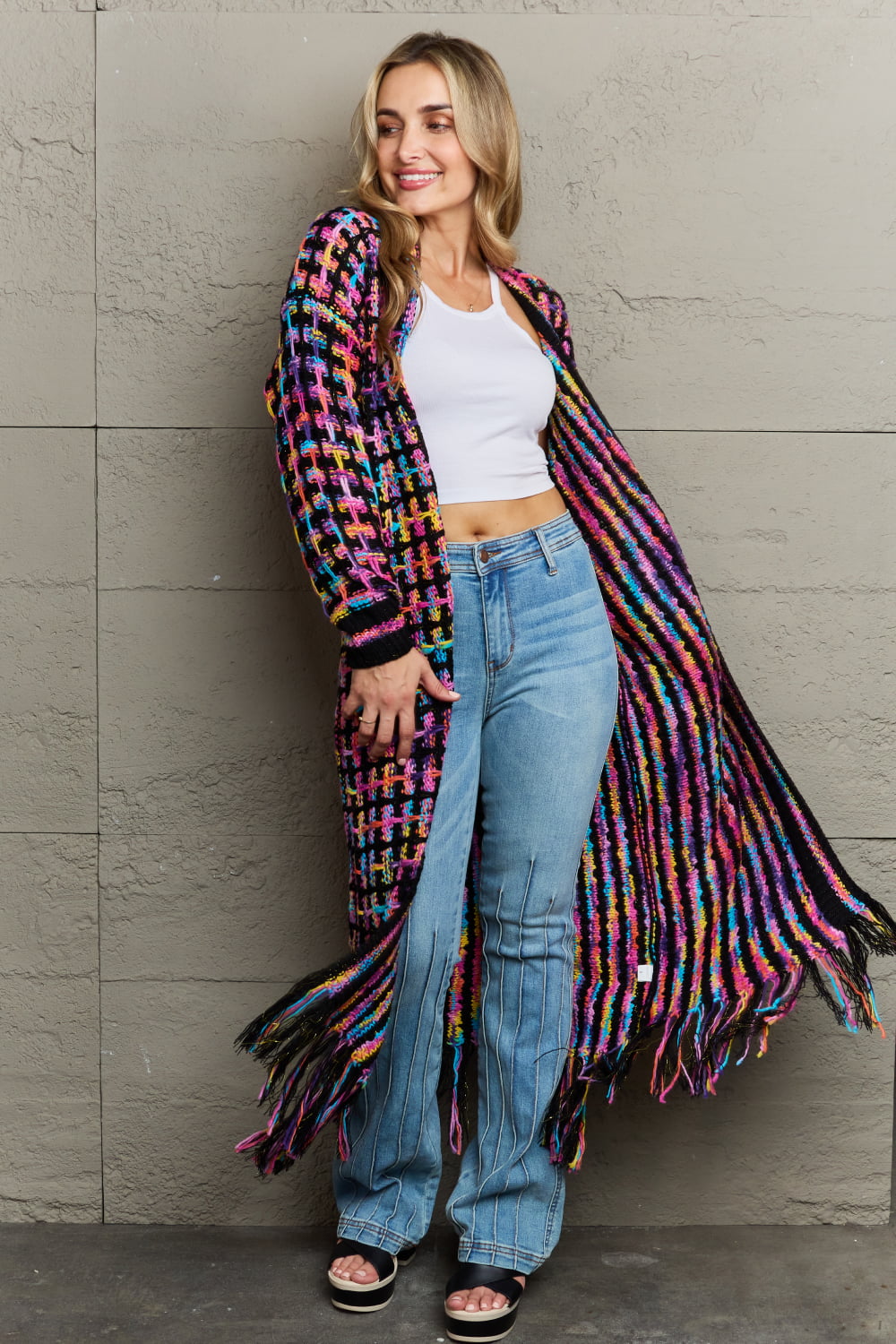 Full Size Multicolored Open Front Fringe Hem Cardigan (Multiple Color Options)