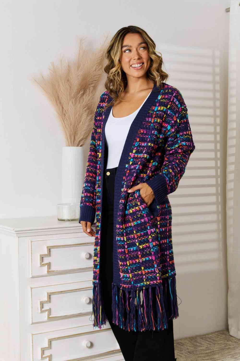 Fringe Hem Open Front Cardigan (Navy/Multicolor)