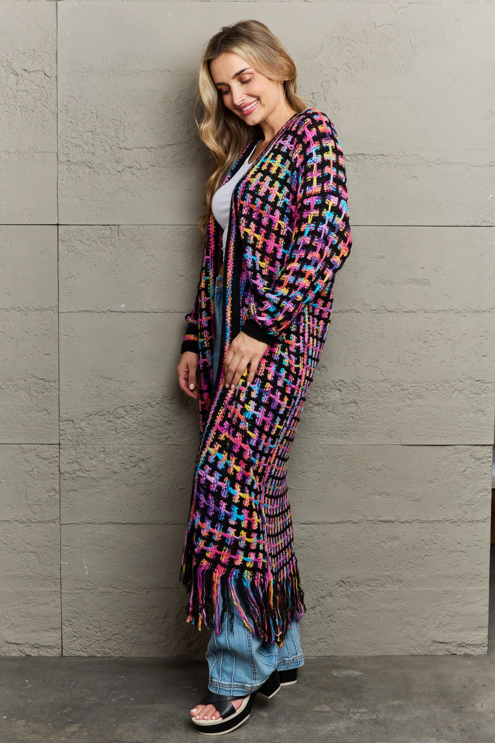 Full Size Multicolored Open Front Fringe Hem Cardigan (Multiple Color Options)