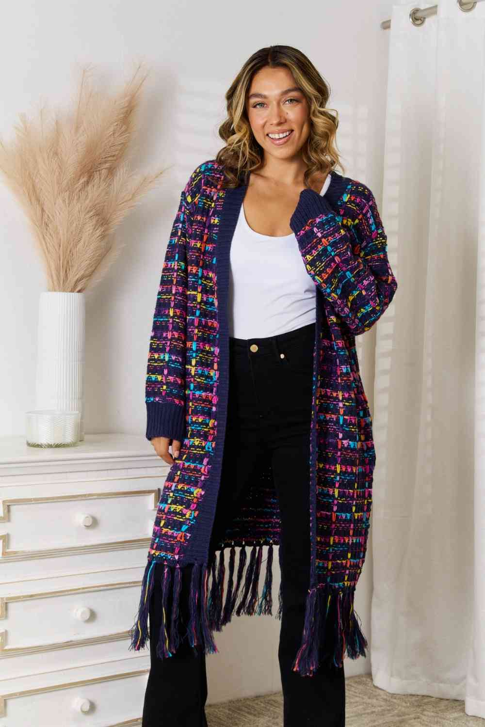 Fringe Hem Open Front Cardigan (Navy/Multicolor)