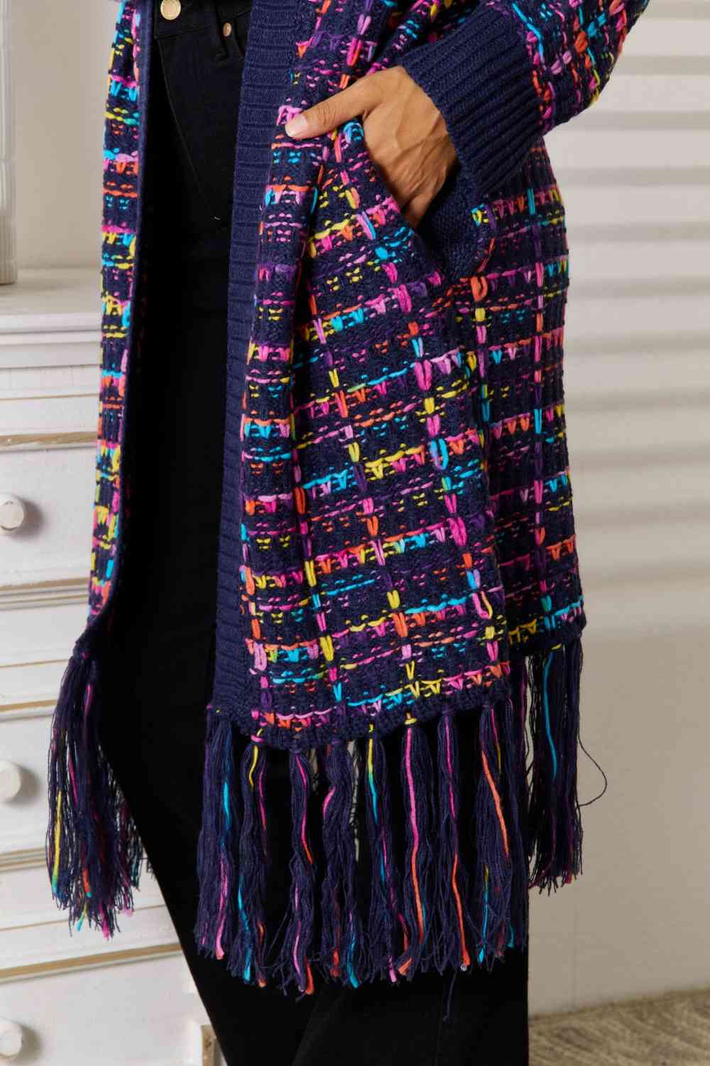 Fringe Hem Open Front Cardigan (Navy/Multicolor)