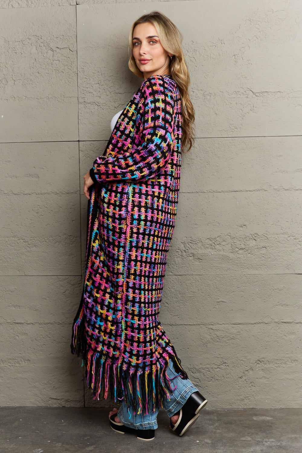 Full Size Multicolored Open Front Fringe Hem Cardigan (Multiple Color Options)