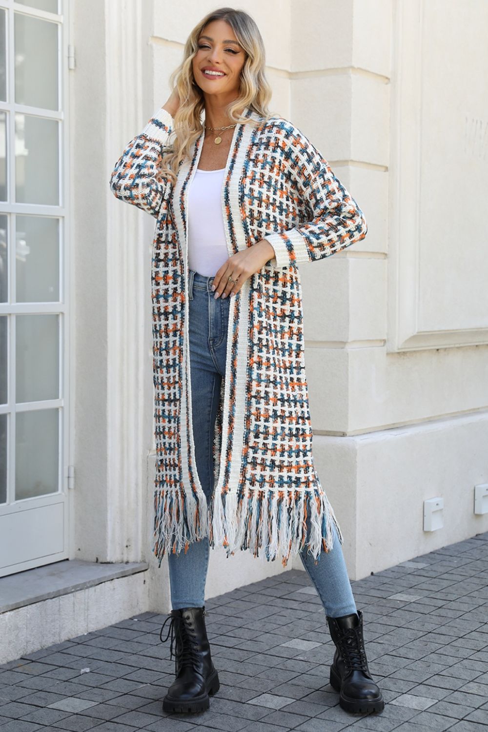 Full Size Multicolored Open Front Fringe Hem Cardigan (Multiple Color Options)