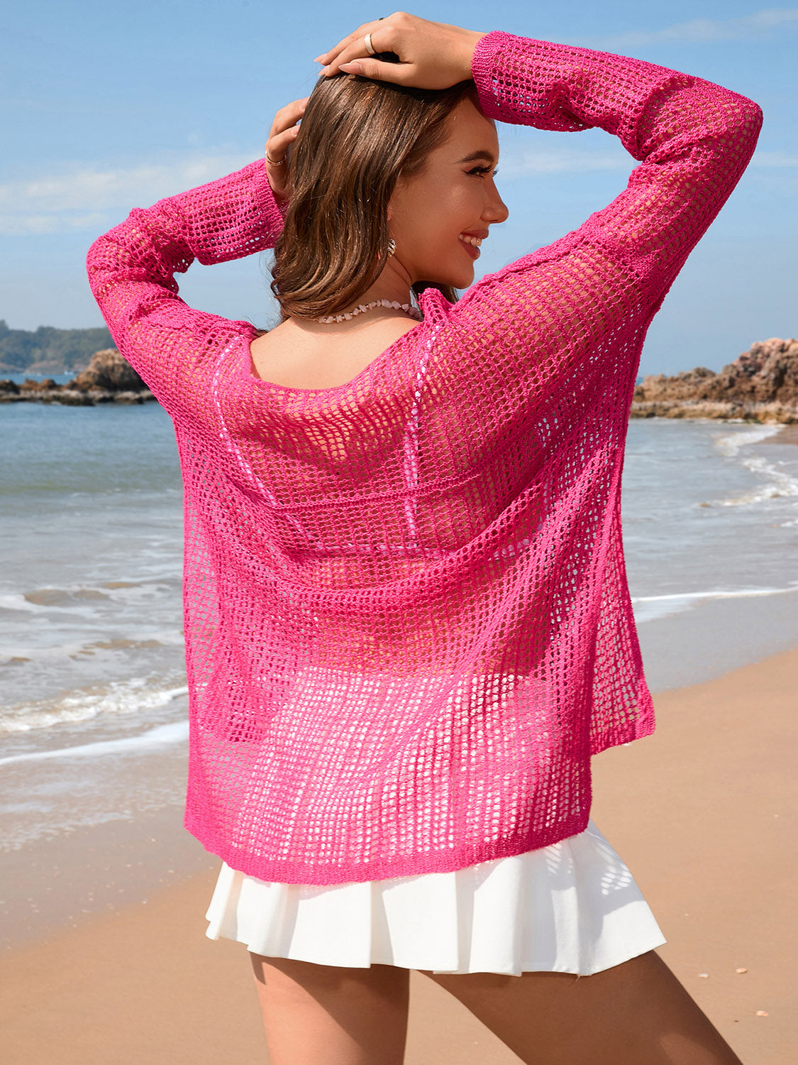 Openwork Slit Boat Neck Long Sleeve Cover-Up