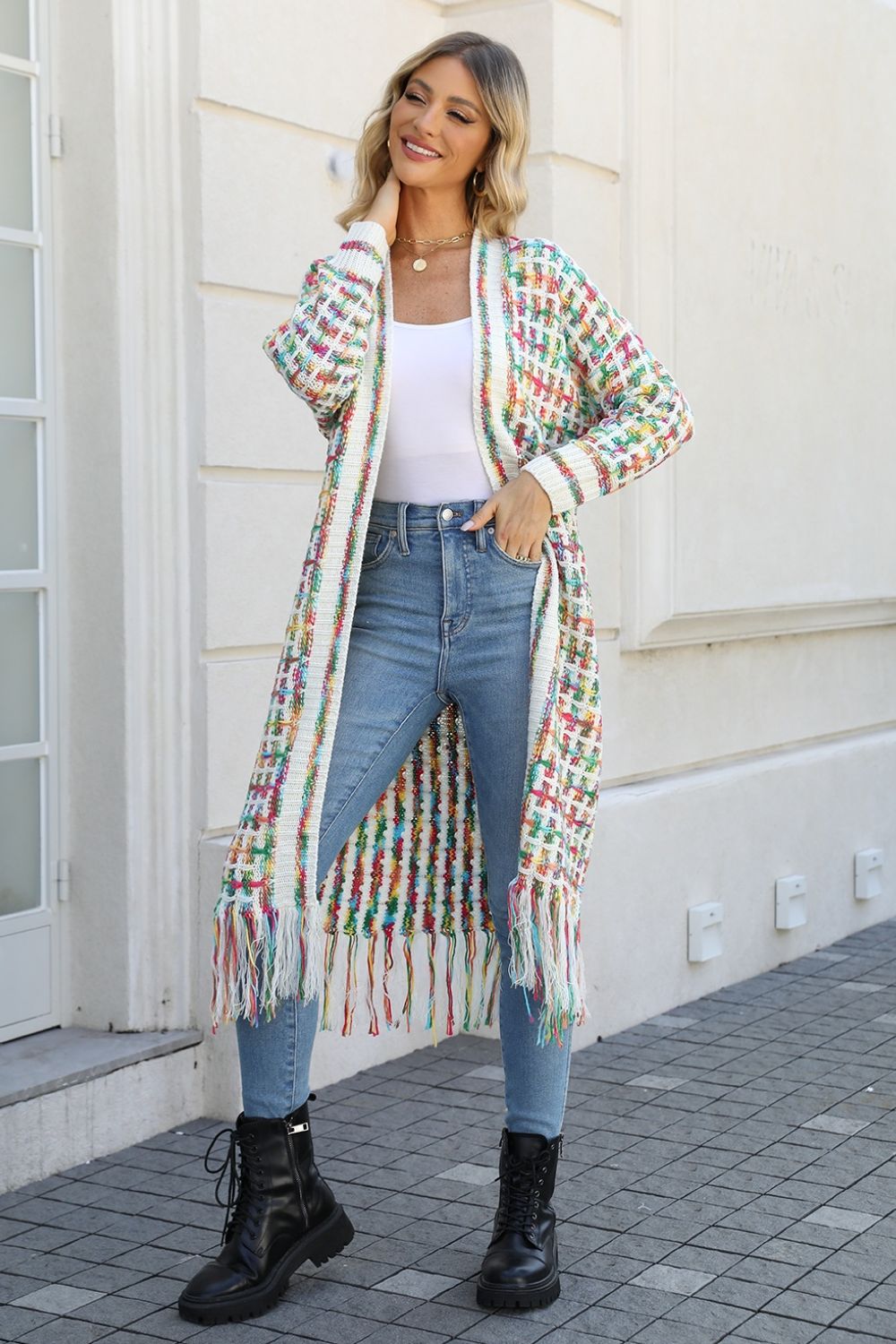 Full Size Multicolored Open Front Fringe Hem Cardigan (Multiple Color Options)