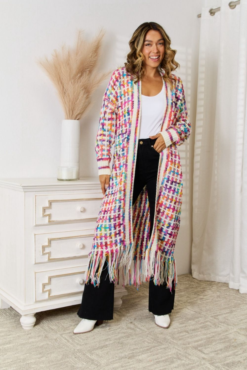 Full Size Multicolored Open Front Fringe Hem Cardigan (Multiple Color Options)