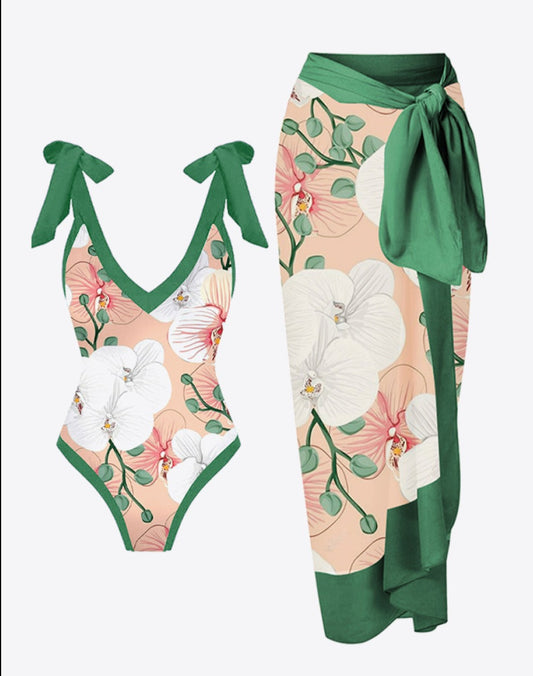 Floral V-Neck Two-Piece Swim Set