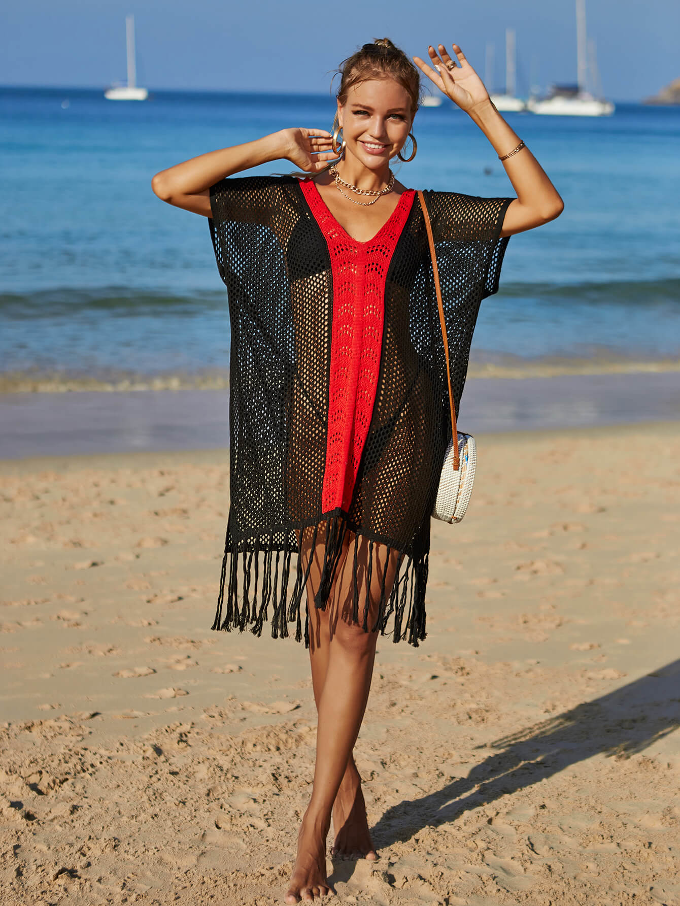 Contrast Fringe Trim Openwork Cover-Up