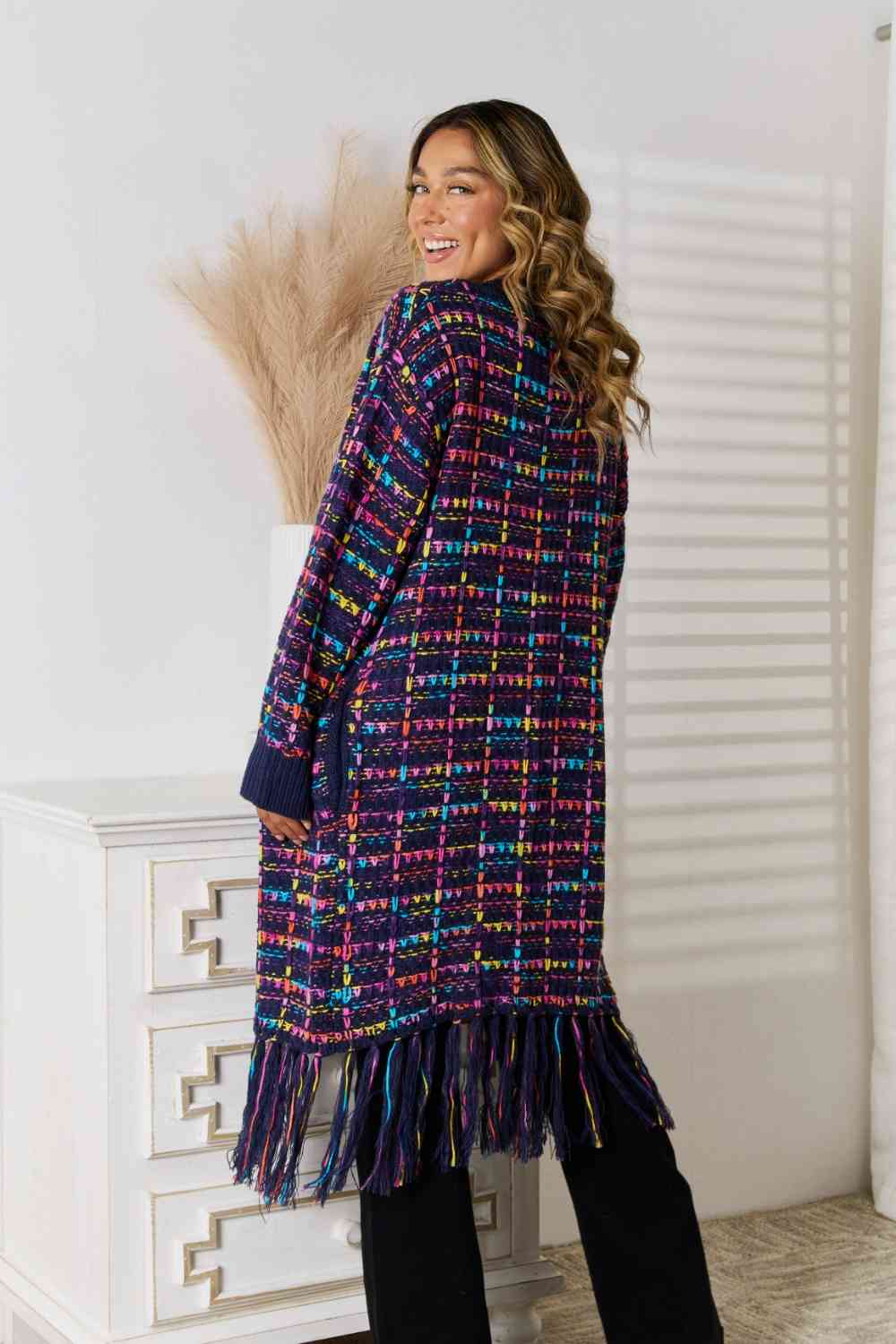 Fringe Hem Open Front Cardigan (Navy/Multicolor)