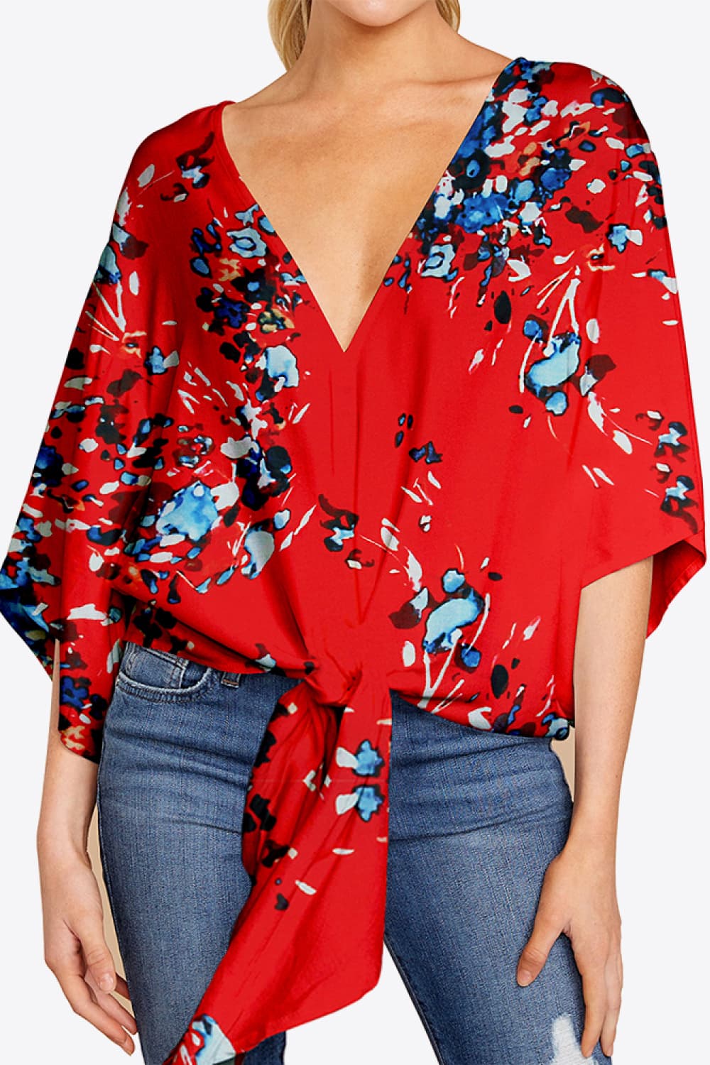 Printed Deep V Tie Hem Blouse