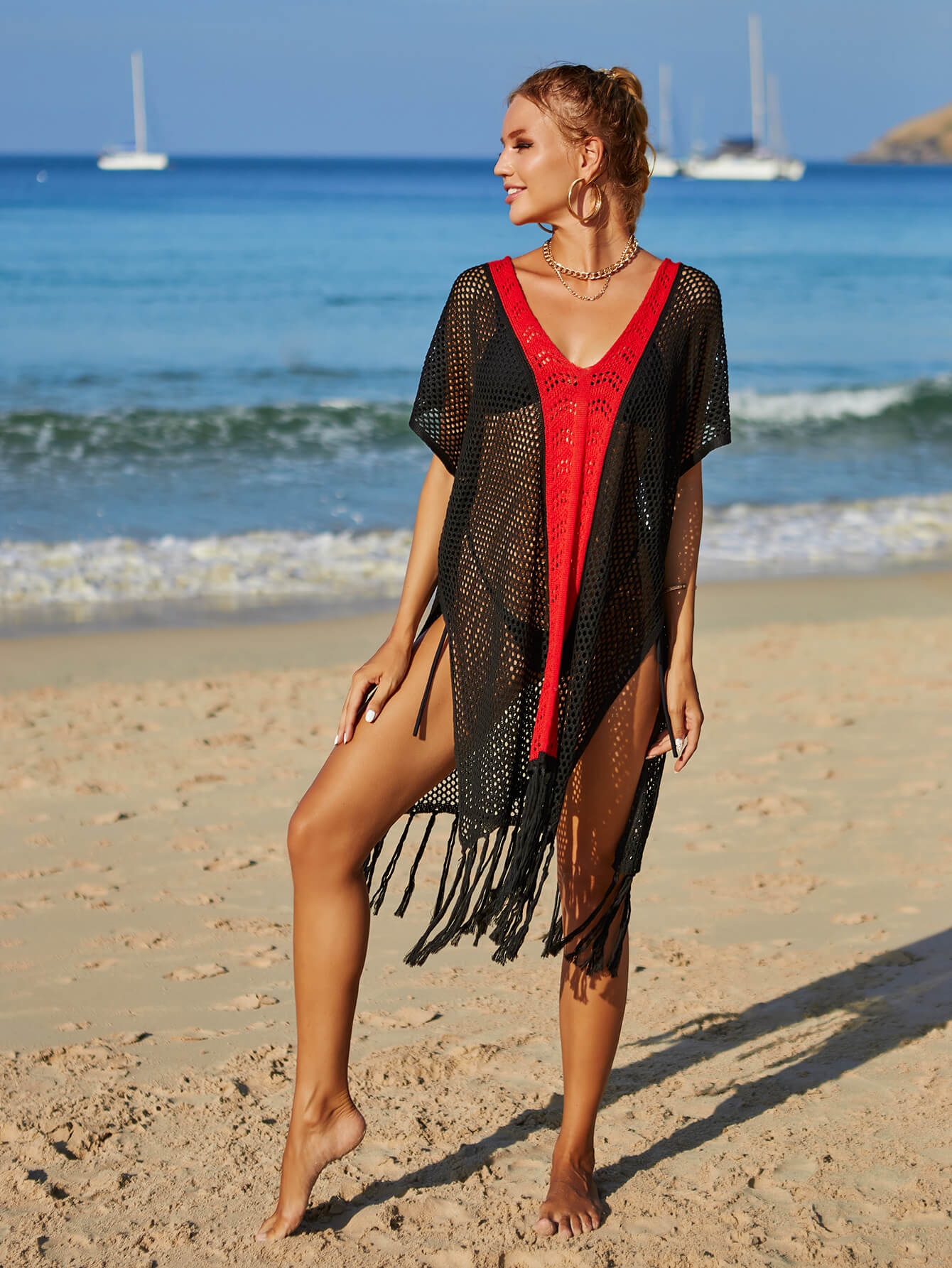 Contrast Fringe Trim Openwork Cover-Up