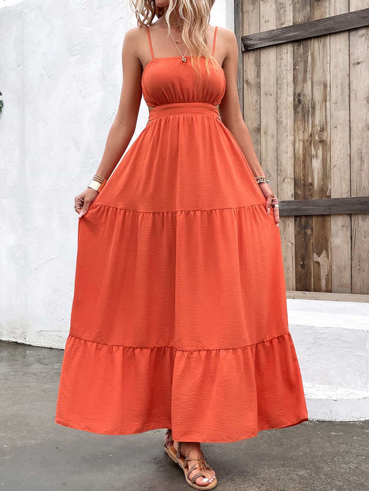 Orange, spaghetti strap maxi dress with cutout tie back. 