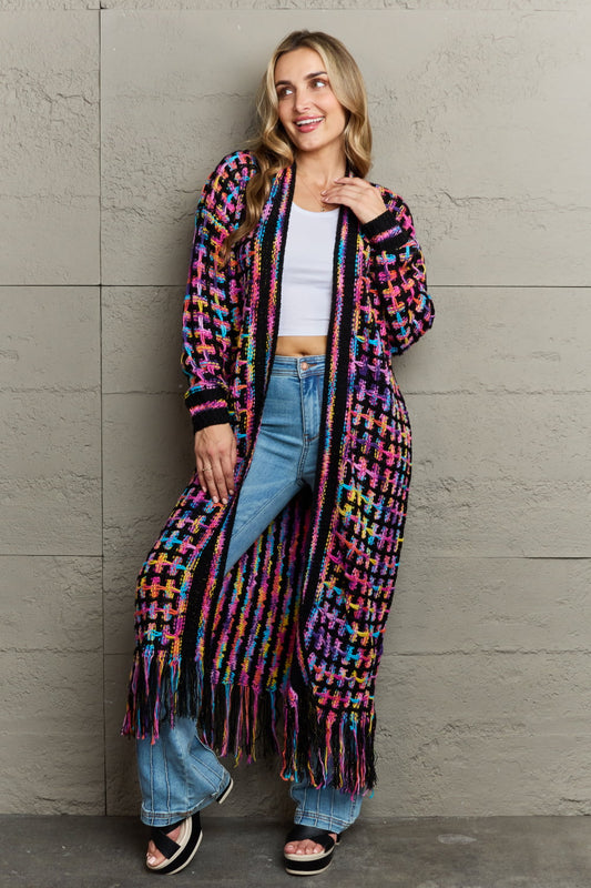 Full Size Multicolored Open Front Fringe Hem Cardigan (Multiple Color Options)