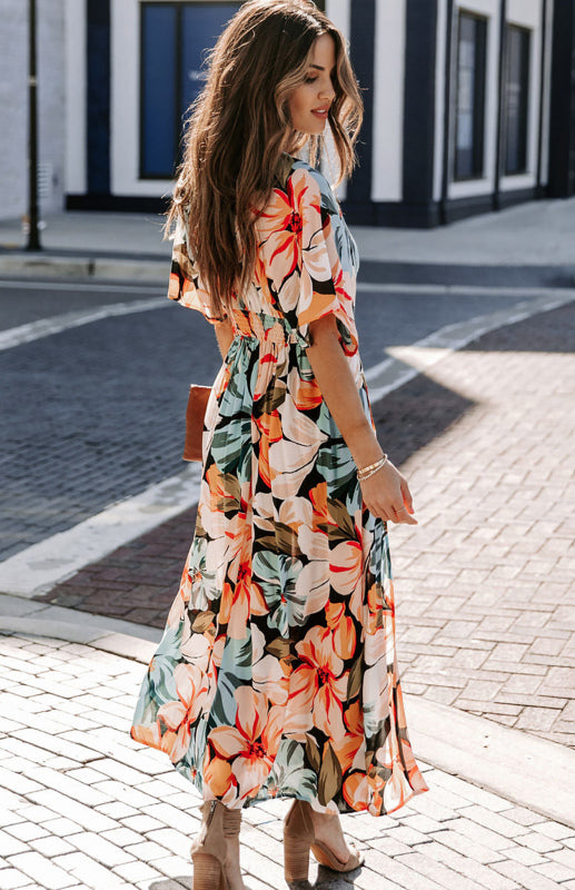 Women's Long Floral Kimono Dress with High Slits