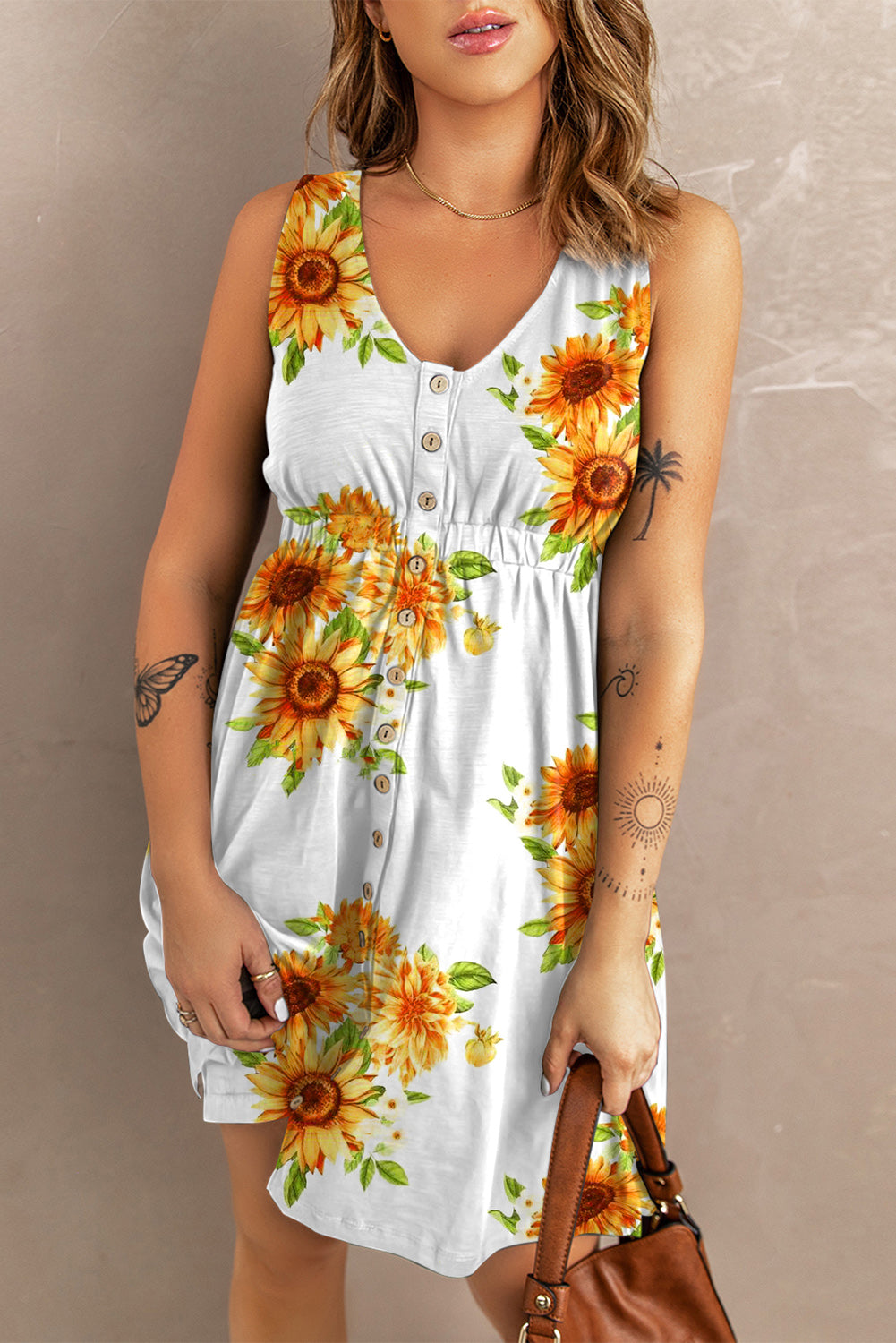 Sunflower Print Button Down Sleeveless Dress