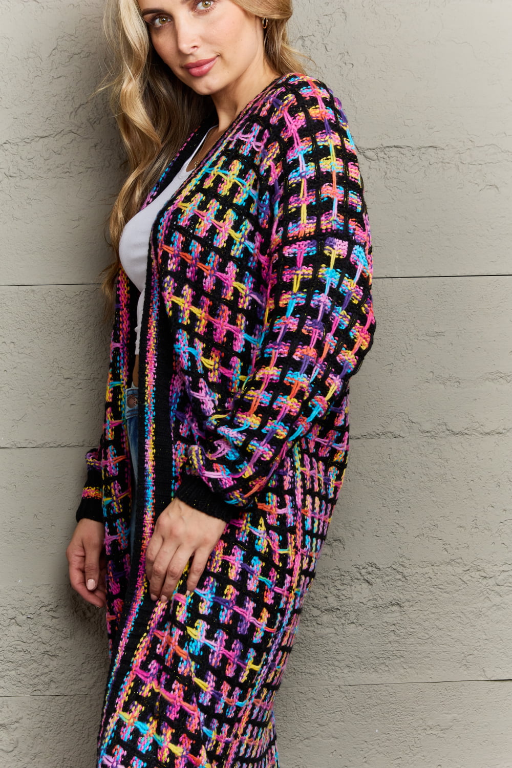 Full Size Multicolored Open Front Fringe Hem Cardigan (Multiple Color Options)